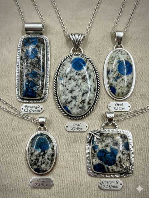 K2 Granite Pendants, Blue-spotted K2 granite; rectangle, oval and square settings
