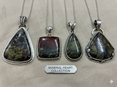 Mineral Heart Pendants, Dark green and red jasper; triangle, square and teardrop settings