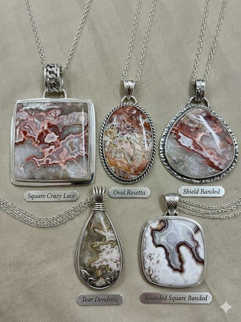 Crazy Lace Agate Pendants II, Pink, white and red crazy lace and banded agate; square, oval, shield and teardrop shapes