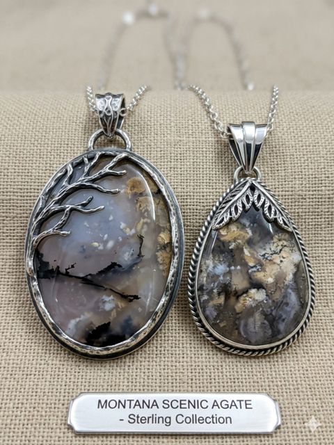 Montana Scenic Agate Pendants, Scenic agate with tree-like dendrites; oval and teardrop settings
