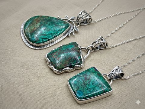 Chrysocolla & Malachite Pendants, Green chrysocolla with malachite swirls; wrapped and bezel settings