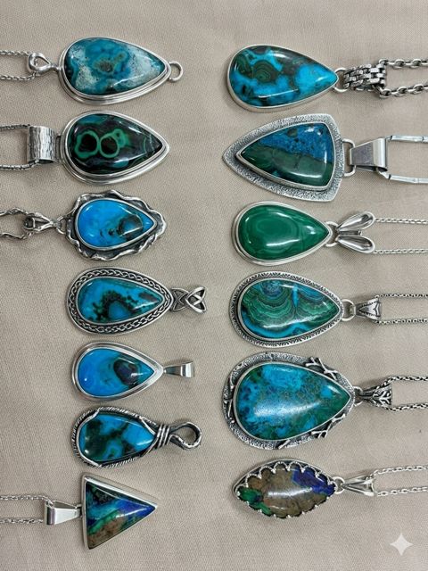 Chrysocolla, Malachite & Azurite Pendants, Blue and green chrysocolla, malachite and azurite; teardrop, triangle and leaf-edge settings
